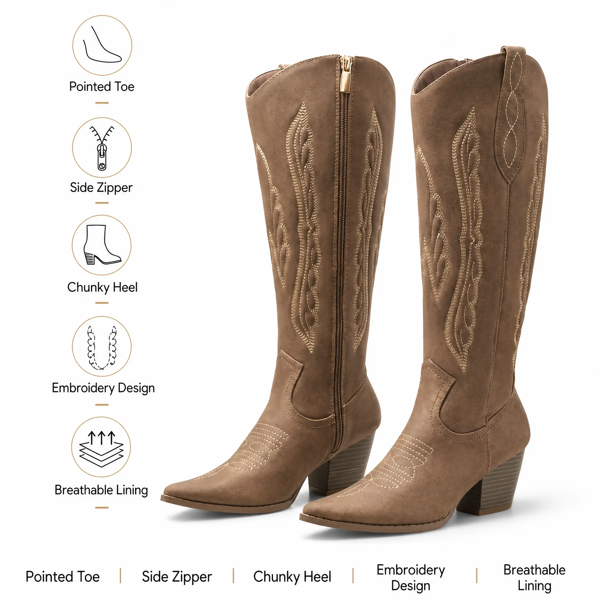 Maiqi Cowboy Boots for Women Knee High Western Boots Pointed Toe Side Zipper Chunky Heel Cowgirl Boots Retro Fashion Comfortable Walking Shoes