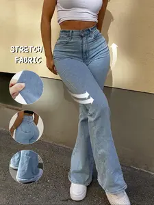 Women's Light Blue Washed Slim Fit Flare Jeans, Fashionable Comfortable Casual Denim Jeans, All Season Wear, Trendy Ladies' Clothing