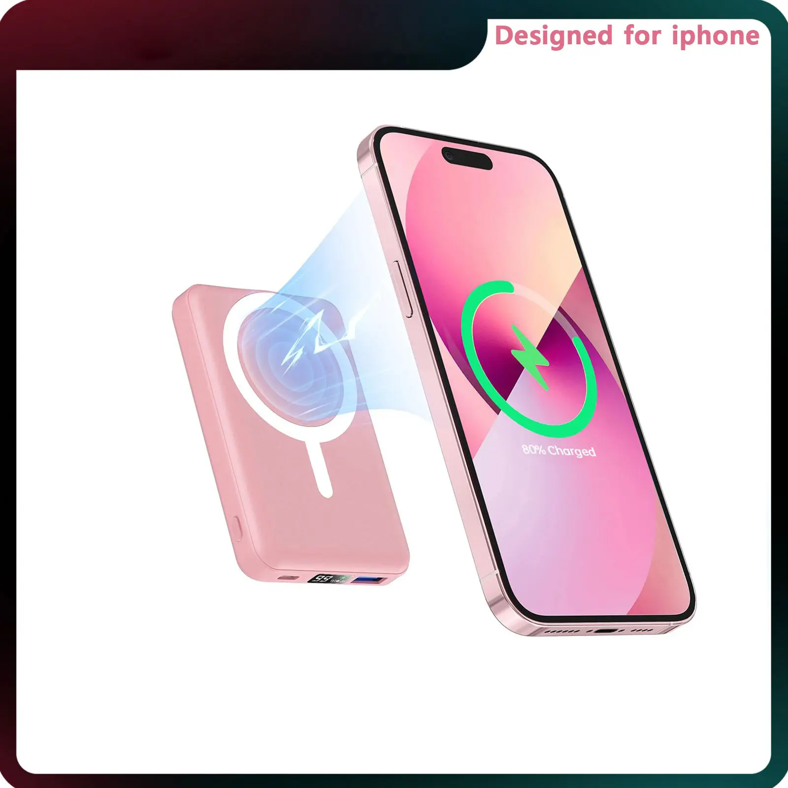 Podoru Magnetic Portable Wireless Charger, 10000mAh MagSafe Power Bank with Fast Charging & USB-C Cable, Phone Accessory for iPhone 17/16/15/14/13/12 Series (Pink), Magsafe Power Banks