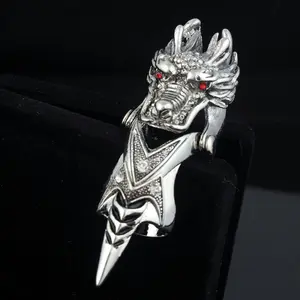 Vintage Dragon Head Full Finger Armor Ring - Antique Silver, Red Rhinestone Eyes, Black Enamel Inlay, Movable Joint, Adjustable Punk Gothic Heavy Statement Men's Hip Hop Index Finger Costume Jewelry