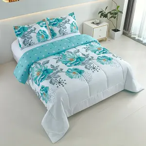2/3pcs Teal Floral Reversible Comforter Set, Soft and Breathable Quilt Set for All Seasons, Cozy Bedding Set with 1 Comforter & 1 or 2 Pillowcases, Suitable for Bedroom, Guest Room, Dorm, Hotel, Machine Washable, Perfect Gift