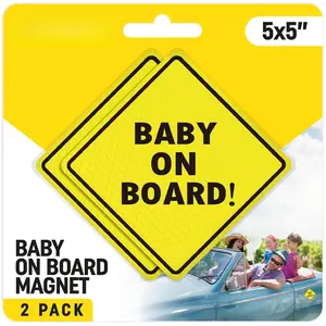 Baby On Board MAGNET Sign for Car - 2 Pack, 5" by 5" - Essential Magnetic Sticker for Bumper - Bright Yellow and Reflective - Best Safety Sign Accessories