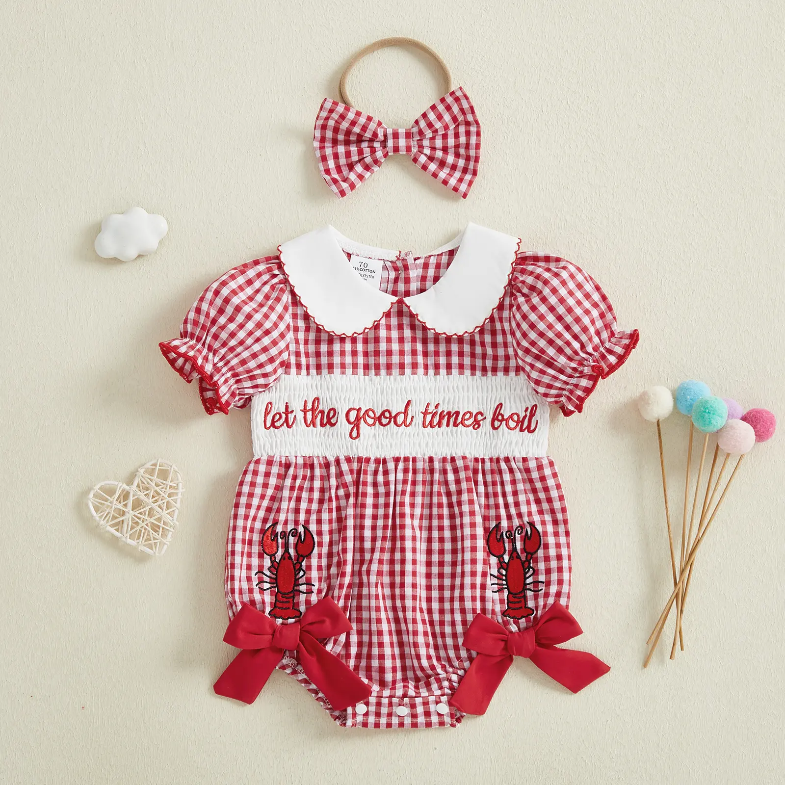 Meihuida Newborn Toddler Girl Crawfish Outfit Let the Good Times Boil Smocked Dress Romper Collared Lobster Clothes Summer