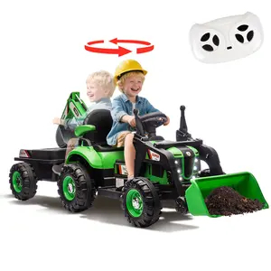 24V Kids Ride On Tractor Toy Electric Car for Kids with 4-in-1 Construction Attachments Excavator, Dump Truck & Bulldozer w/Remote Control, 3-Speed Adjustable, Music, LED Light, Green