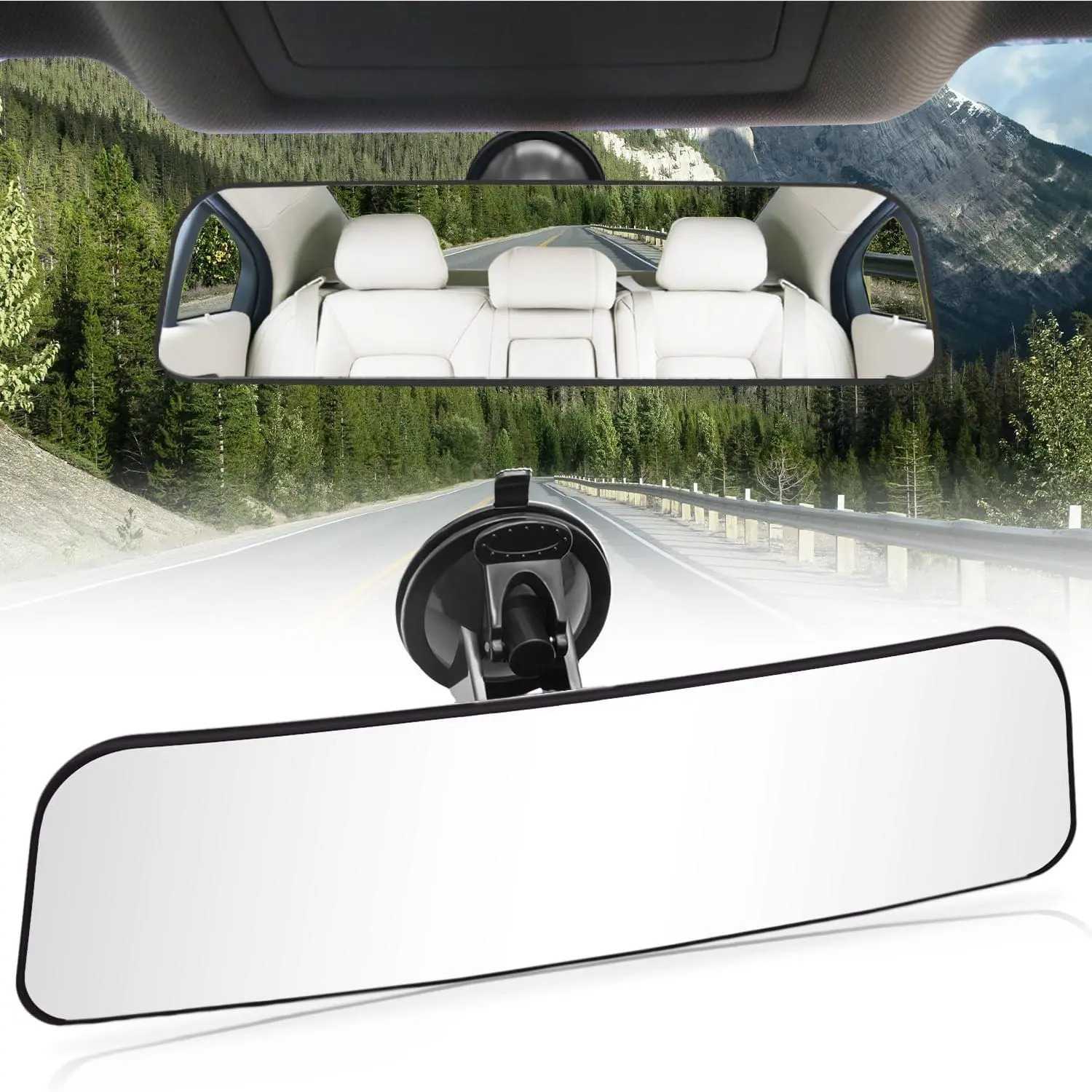 Universal Anti-Glare HD Adjustable Fiberglass Car Panoramic Rear View Mirror with Suction Cup - 11.8'' Length, 3.15'' Width, Widen Field of View (Sector/Trapezoid/Rounded Rectangle) for Perfect Driving Experience