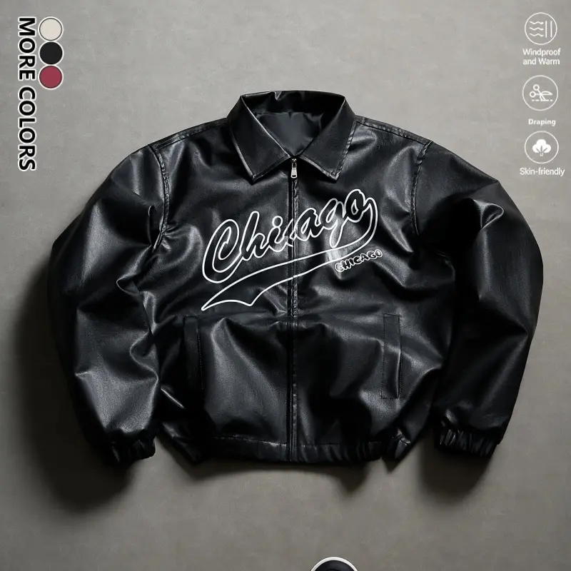 Clean Gent men’s spring/autumn jacket with pockets, turn-down collar, long sleeves; street-style PU leather jacket; casual fashion outerwear; letter print design; casual pocket jacket; men’s designer clothing; boys’ retro clothing; men’s clothing, streetw