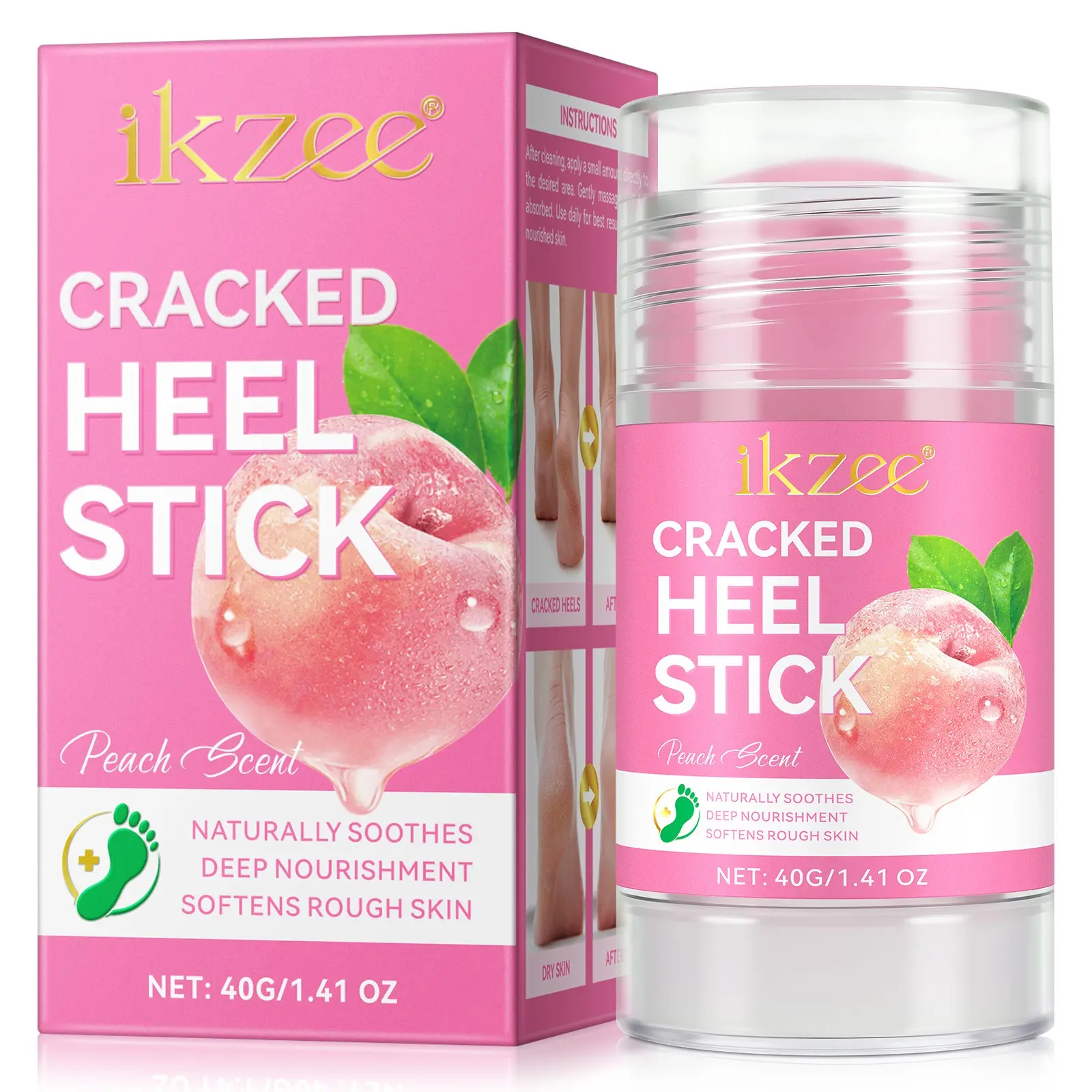 Ikzee Peach Scent Foot Care Stick 40g, Coconut Oil Moisturizing Foot Balm, for Dry Heels, Cracked Heel Repair, Unisex Foot Care, Hydrating Foot Cream, Foot Healing Cream