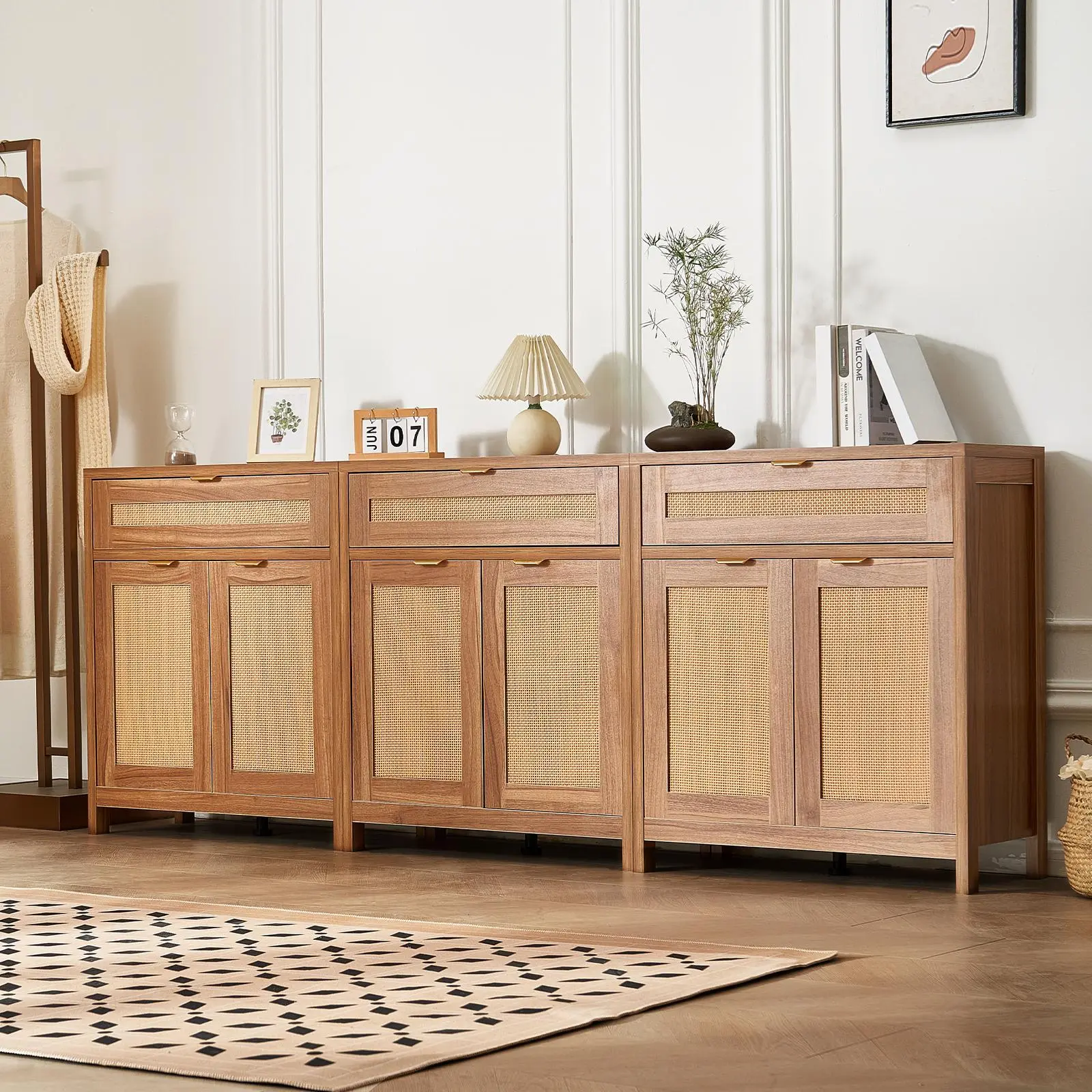 【Summerfinds】VEVOR Rattan Cabinet, Set of 3, Rattan Storage Cabinet with 6 Magnetic Doors and 3 Drawers, Sideboard Buffet Cabinet with Adjustable Shelves, Ideal for Hallway, Entryway, Living Room, or Kitchen, Natural