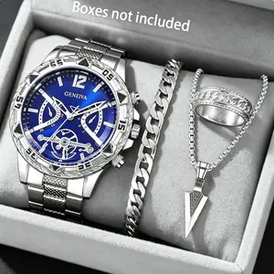 Viral 4-Piece Men’s Silver Kit | Blue Dial Watch + Cuban Bracelet & Ring