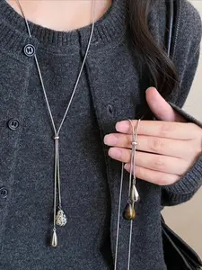 Retro Tiger's-Eye Stone White Spotted Water Drop Pendant Design Necklace for Women Fashion Adjustable Long Pull Necklace Jewelry Gift