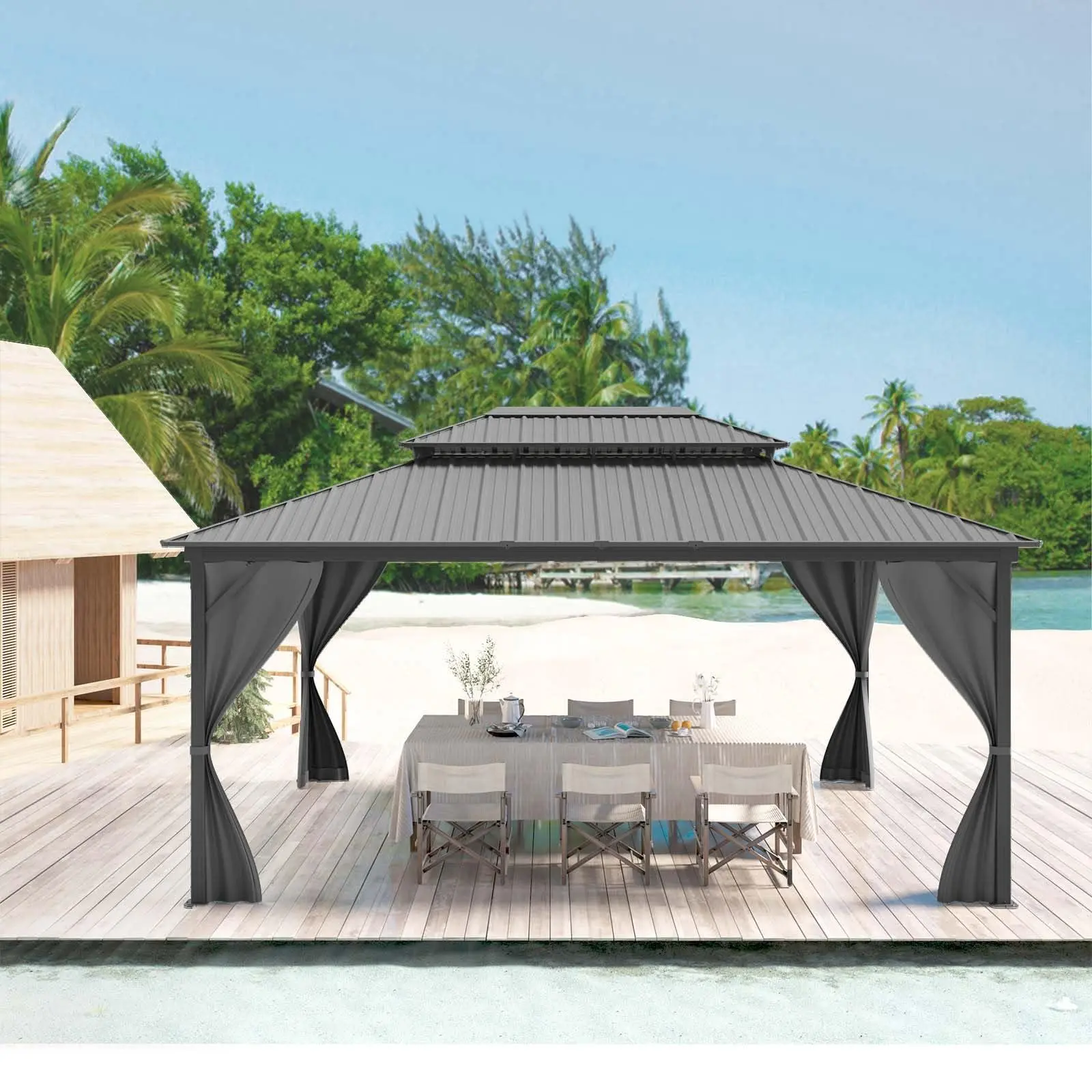 GARVEE 12x16 ft Hardtop Gazebo, Outdoor Metal Pavilion with Galvanized Steel & Aluminum Frame, Double Roof Canopy with Netting & Curtains – Ideal for Patio, Backyard, Deck & Lawn