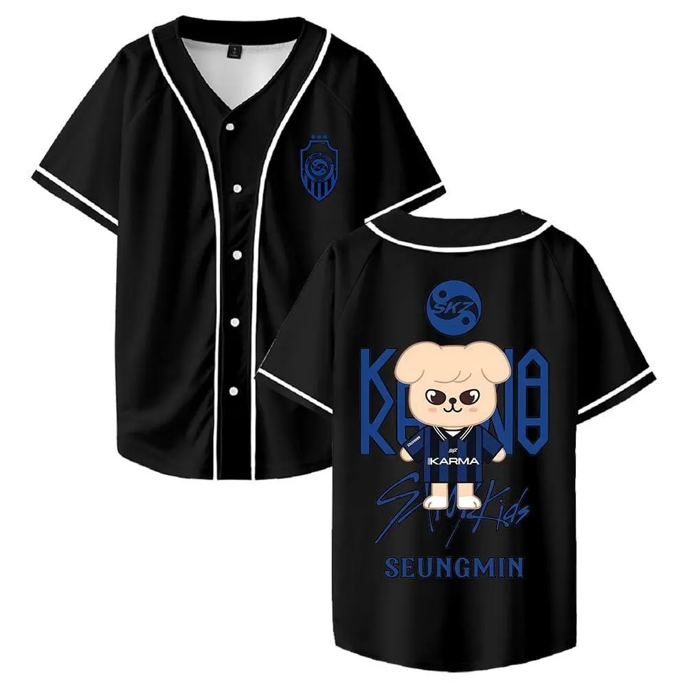 Full Print SKZ Karma Seungmin Merch Baseball Jersey Short Sleeve Button-up Shirts Women Men Streetwear Tops