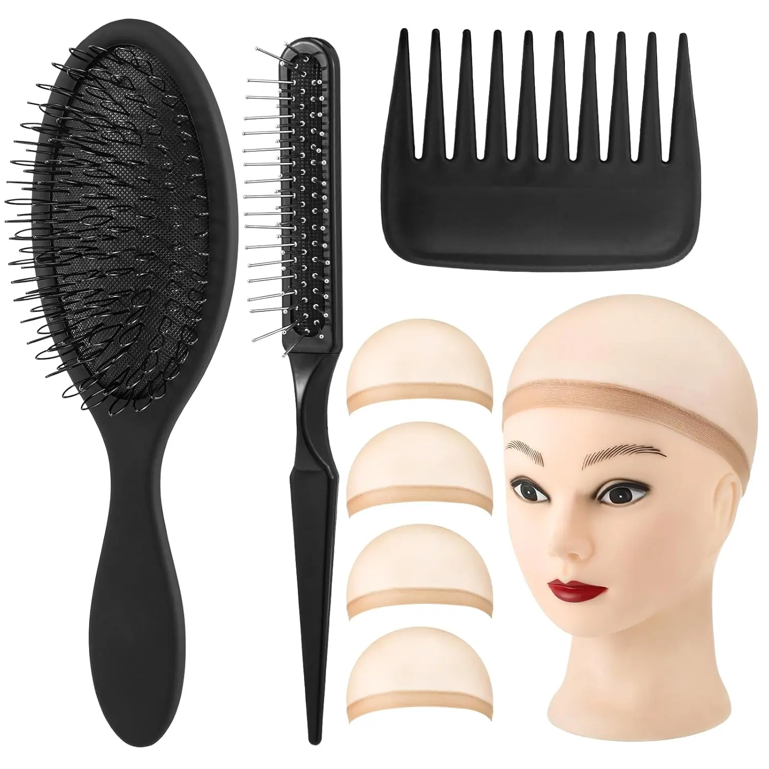 3Pcs Wig Brush Comb Set with 4Pcs Wig Caps, Professional Hair Extension Loop Brush 3 Row Wire Brush Wide-Tooth Comb