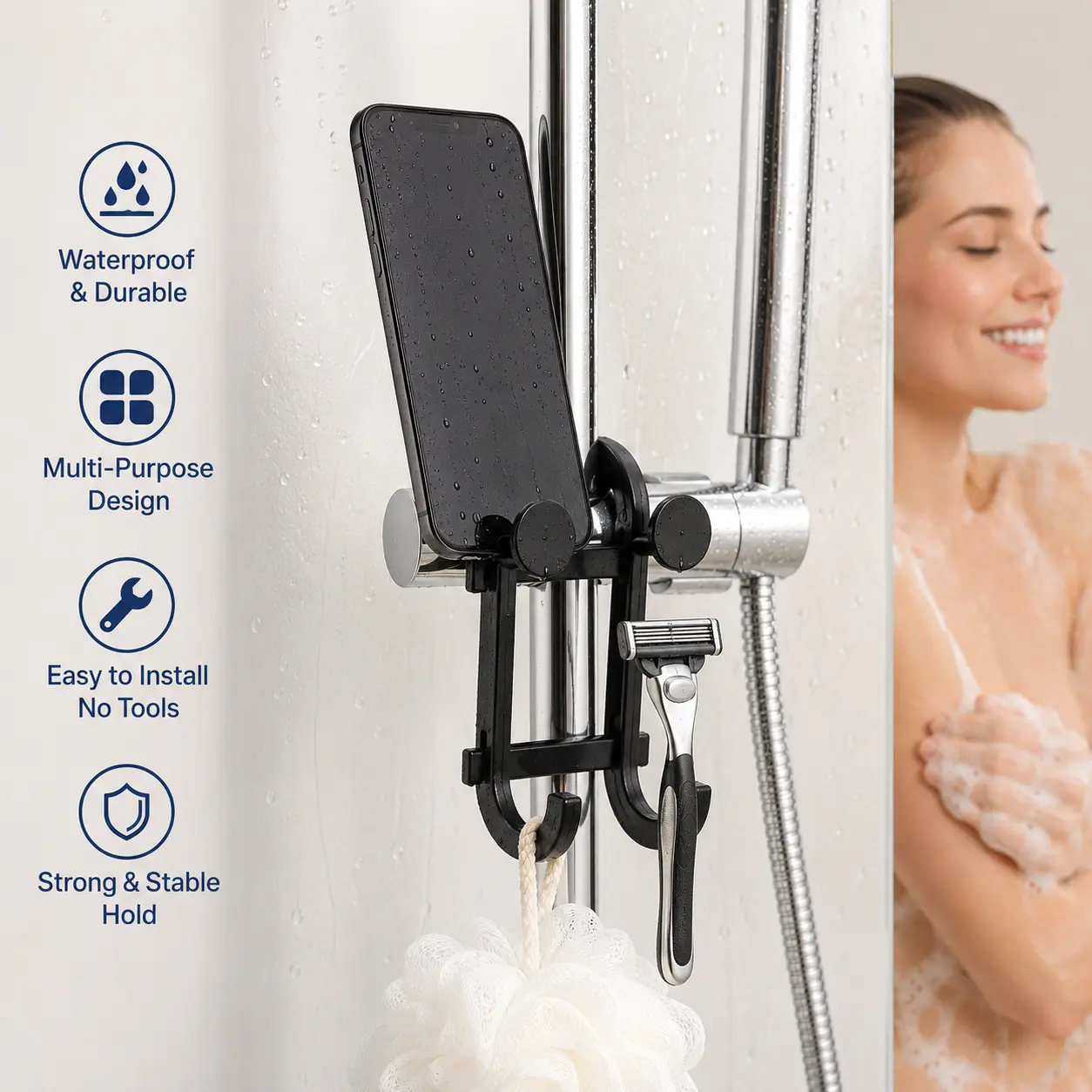 Smooth Adjustable Bathroom Multi-Purpose Hook & Organiser Decor Accessory - Dual-Function Phone Stand, Hangs Shower Loofah, Razor & Small Daily Items on Shower Rods, Glass Doors (1 Count)