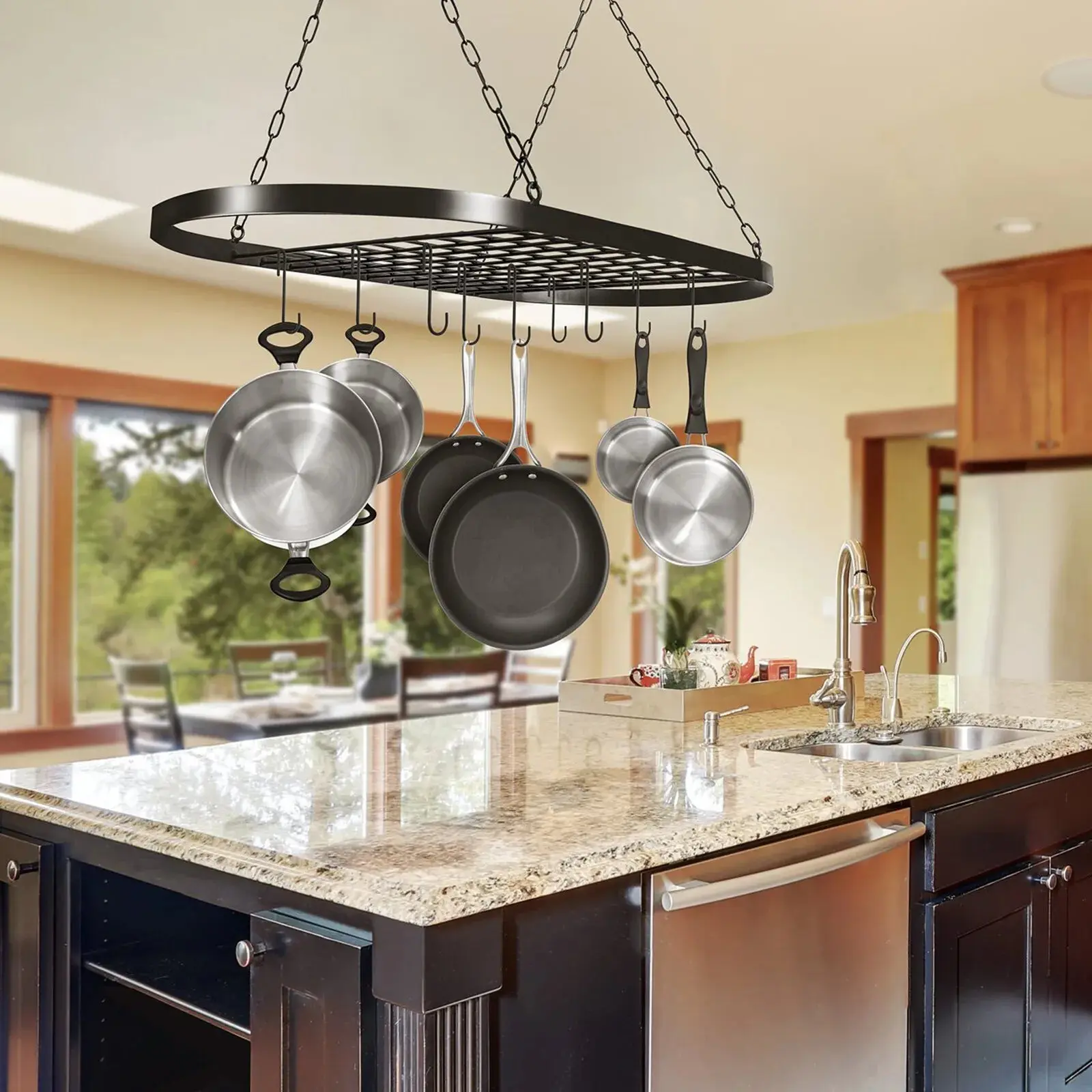 Iron Kitchen Wall-Mounted Pot and Pan Rack - Single Unit, Multi-Hook Design, Sturdy Load Capacity Cookware Organizer