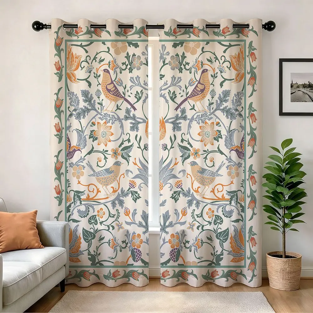 2 panels Bohemian Style Bird & Floral Print Blackout Curtains, Boho Blackout Curtains, Thermal Insulated Sunshade Drapes, Home Decor Curtain, Bedroom Room Dividers Window Curtain, Blackout Window Cover