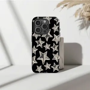 3D Chrome Star Phone Case | Y2K Cyber Baddie Aesthetic Puffy Silver Metallic Protective Cover for IP Phone 17 16 15 14 13 12 11 Pro Max Plus X XS XR SE