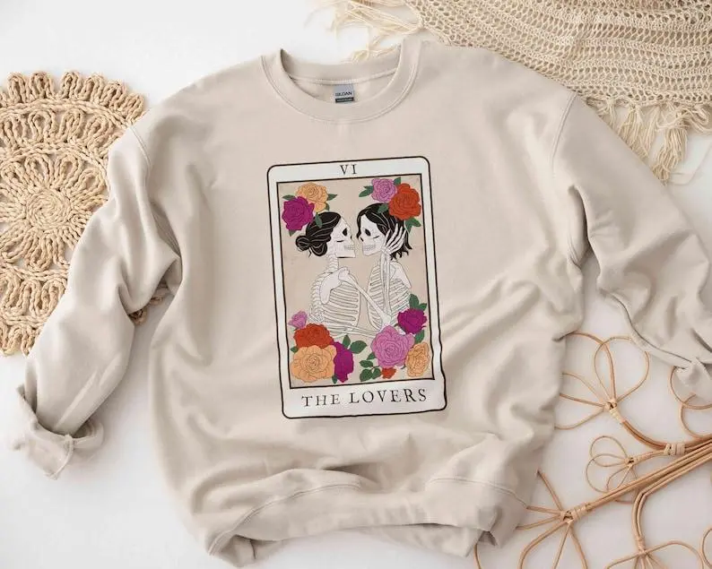 Gildan Women's Classic Cotton Fitted Round Neck Longsleeve Pullover Sweatshirt Tops - Lesbian Skeleton Couple Print, WLW Pride, Lovers Tarot Theme, Yarn-Polyester Fabric, Stitched Sleeves, Finished Hem, Taped Neck and Shoulders, Casual Streetwear, Digital