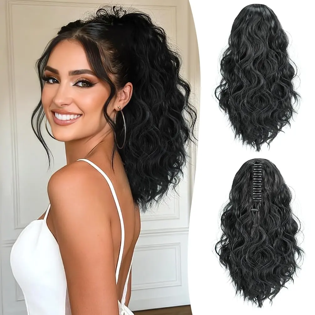 14" Curly Claw Clip Ponytail, Natural Looking Fluffy Wavy Pony Tails Hair Extensions for Thin Short Hair, Secure Messy Jaw Clip Synthetic Hairpiece for Everyday Wear & Date Night