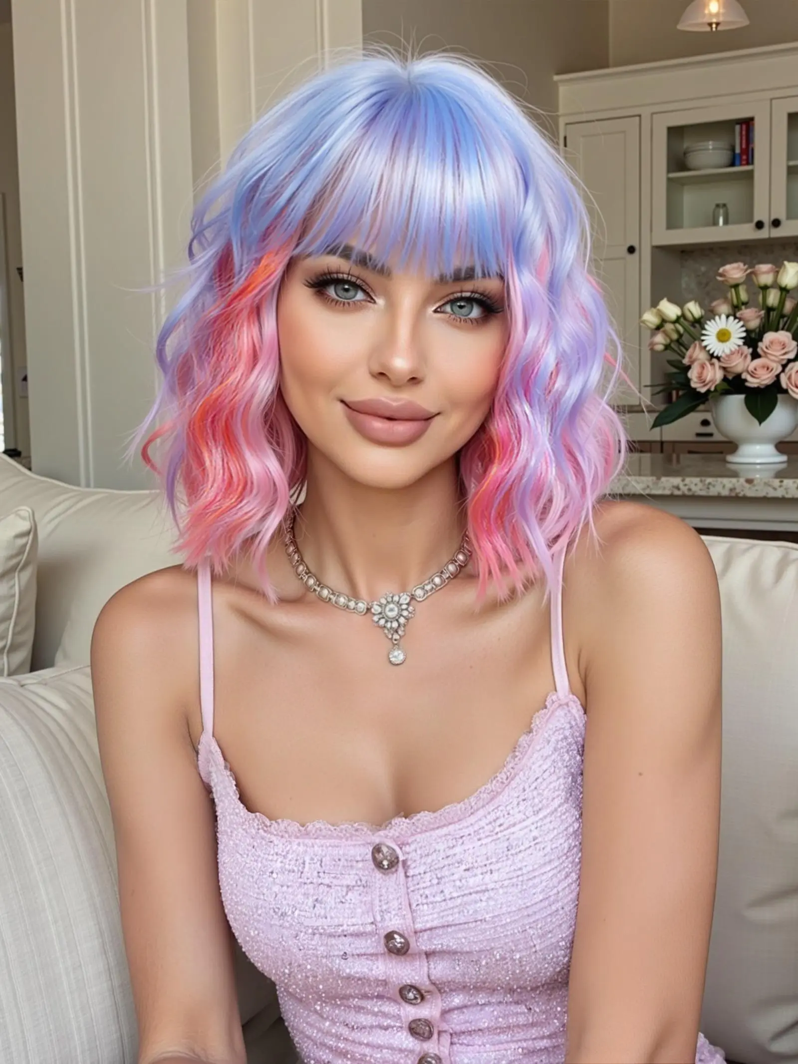 Blue Mixed Short Curly Wig, 12 Inch Full Bangs Barbie Cosplay Wig, Heat Resistant Fiber Rose Net, Perfect for Holiday Costume, Synthetic Wigs, Synthetic Hair Wig, Wig with Bangs