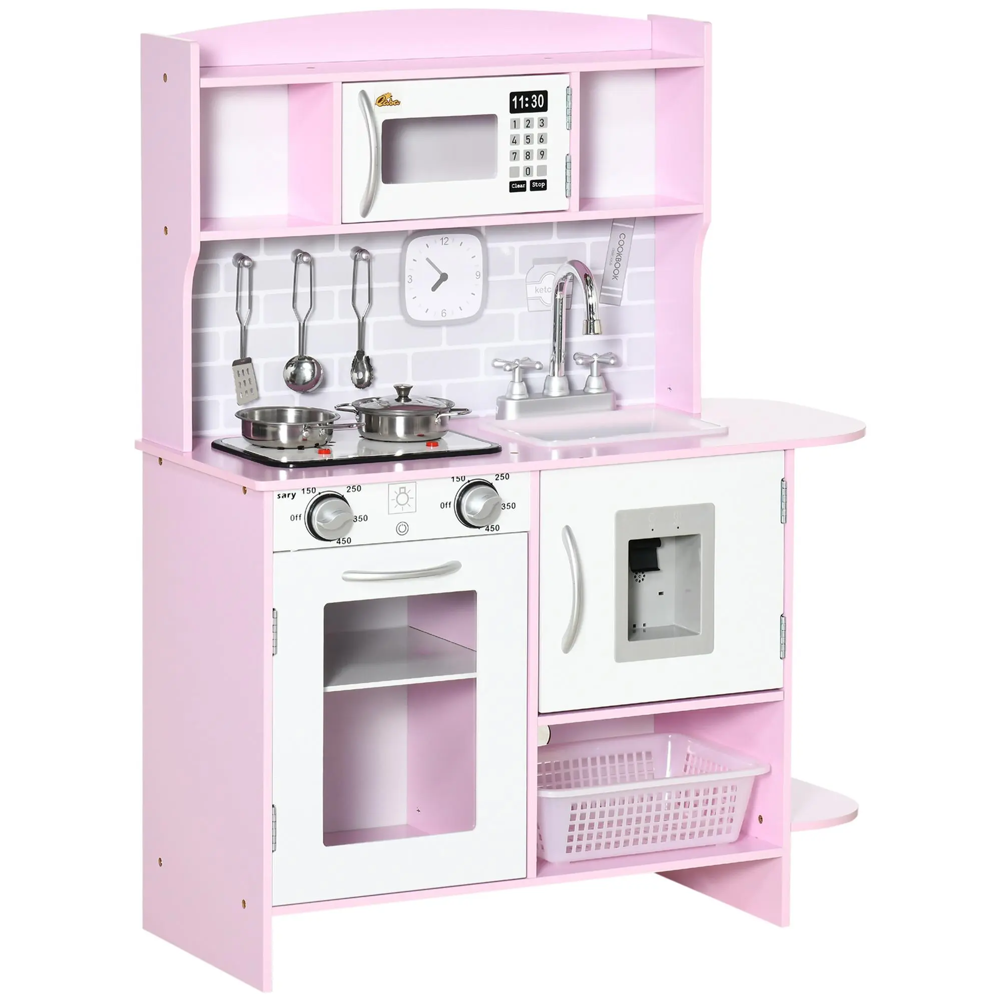 Qaba Pretend Play Kitchen with Sound Effects and Stove Lights, Kids Kitchen Playset with Storage, Water Dispenser for 3-6 Years Old, Pink
