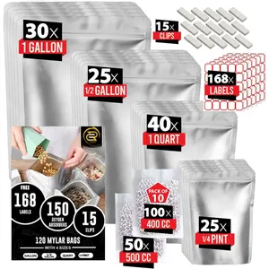 120 Mylar Bags with 150  Absorbers-168 Labels & Stand-Up  4 Sizes Airtight Smell Proof Resealable Bags with 15 Clips-11 MIL  Storage Large Mylar Bags
