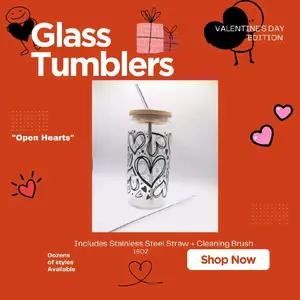 Open Hearts Galentine Valentine's Day Glass Tumbler with Stainless Steel Straw for Iced Coffee & Cocktails 16oz Single AF Edition and Lid Cup Can-Shaped Reusable Wide-Mouth Monogrammed Customized Set
