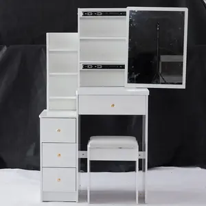 29.2" Small Space Left Bedside Cabinet Vanity Table with Cushioned Stool Extra Large Right Sliding Mirror Multi Layer High Capacity Storage Practical Fashionable Dresser for Small Bedrooms