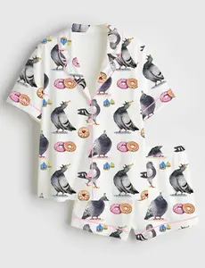 Women’s Pigeons & Biscuits Whimsical Print Short Sleeve Silk Satin Pajama Set Soft Sleepwear