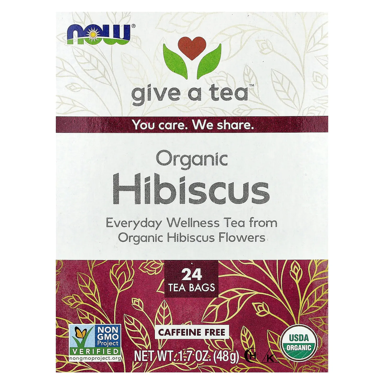 NOW Foods Organic Hibiscus Tea, Caffeine Free, 24 Tea Bags, 1.7 oz (48 g)