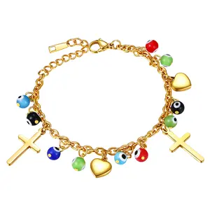 OIDEA Evil Eye Cross Heart Bracelet for Women, Bohemian Vintage Stainless Steel Charm Bracelet with Resin Beads, Lucky Faith Jewelry Gift