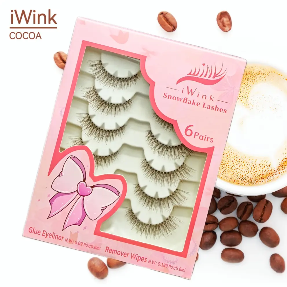 iwink 6 Pairs Cocoa False Eyelashes, Medium Brown 3D D-Curl Strip Lashes for a Natural Doll-Look, Lightweight Handmade Cosmetic Set with Glue Eyeliner, Eyeliner With Lashes False Eyelashes & Adhesives, Dramatic Lashes