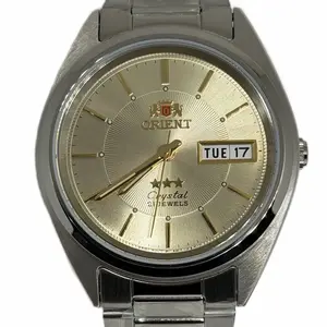 Orient Tri Stars Automatic Men's Watch with Silver Band and Gold Face - Crystal 21 Jewels