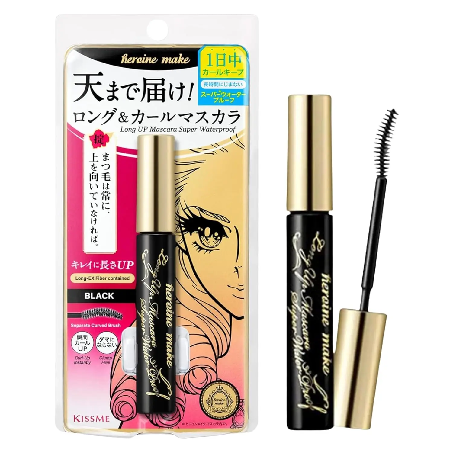 KISSME HEROINE MAKE Ginseng-Infused Lengthening Lift Gel Mascara WP 01 Black - Waterproof, Fiber Tubing, Volume-Boosting Beauty Product for Long Lashes, Lengthening Lift Mascara