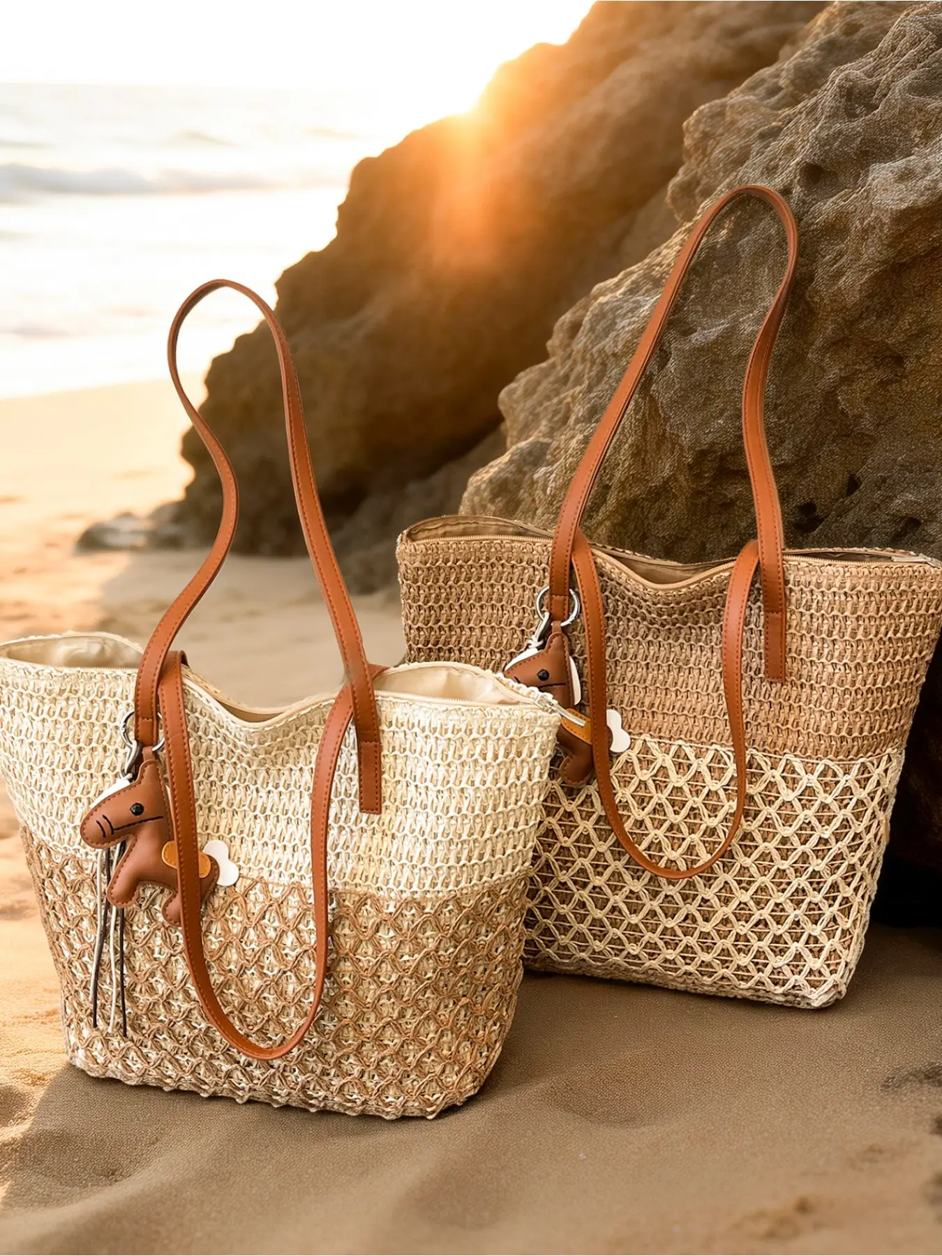 Fresh cure wind straw woven shoulder bag, two-color stitching design, spring and summer seaside resort Beach Tote daily commuter tote bag