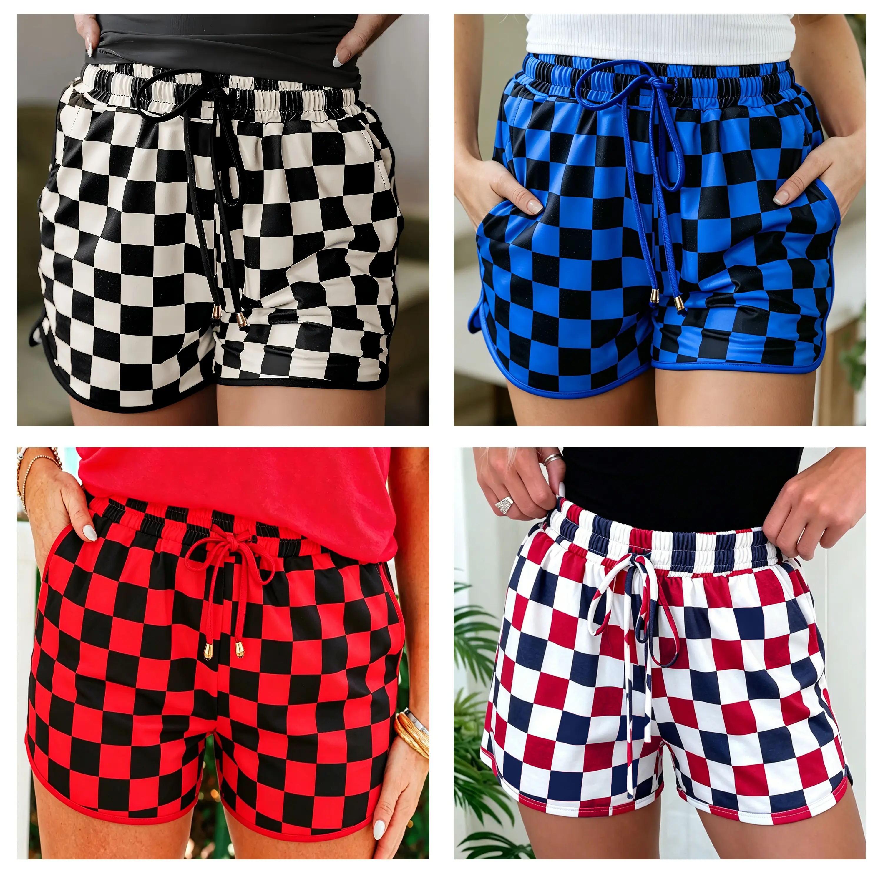 Znacicc Women's Checkered Drawstring Elastic Waist Casual Shorts Perfect for Beach Days Patriotic Events Easy to Pair with Crop Tops Womenswear Bottom