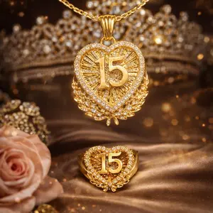 Luxury Quinceañera 14K Gold Ring and Necklace Combi- Birthday Quince Joy Milestone Statement Piece for Special Day Celebrations - Achievement Heart Shaped Pendant
