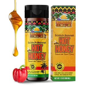 Montego Island Foods Scotch Bonnet Hot Honey – Sweet Heat with a Caribbean Kick – Made with All Natural Ingredients & Bold Spices – 12 oz Bottle (Net Wt. 16 oz) – For Drizzling, Dipping & Glazing