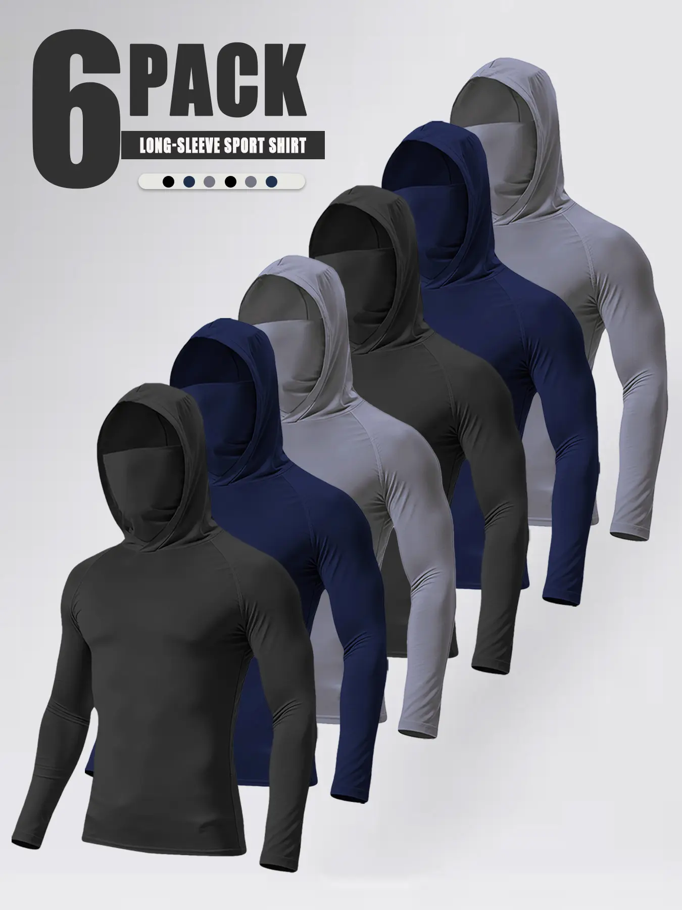 Set of 6 men’s hooded sweatshirts with a face mask design, made from high-elasticity, quick-drying, breathable fabric—ideal for outdoor fishing and running. Athletic Style Activewear Athletic Fit High Stretch Sporty