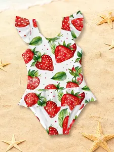 Strawberry Pattern Kids Jumpsuit Swimsuit, Sleeveless Design, Cute Fashion Beach Vacation Essential, Comfortable Breathable Baby Favorite