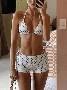 HOT CURVE Summer New Beach Vacation Party Afternoon Tea Polka Dot Print Micro Triangle Side Tie Ruched 3 PiecesWomen Swimsuit Set Birthday Search Swimsuits Two Piece Bikini Short Set Holiday Polka Dot Bikini Polka Dot Bathing Suit