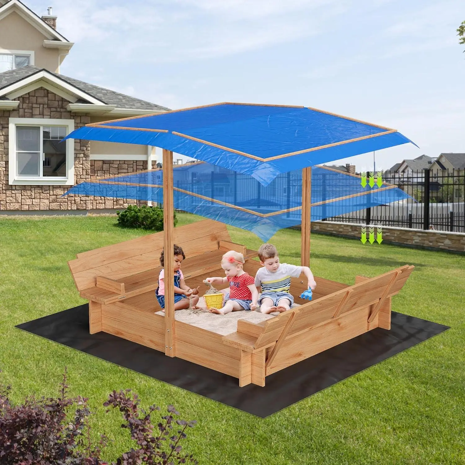 Gaomon Wooden Sandbox with Lid, Canopy & 2 Benches - Adjustable Height, Rotatable Top, UV-Protected, 47x47in - Fun Outdoor Furniture for Kids (Patio, Beach Use)