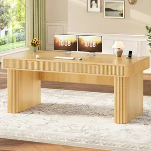 SEDETA Office Desk with 2 Drawers, 59" Fluted Computer Desk with Storage and Power Strip, Wood Executive Desk, Writing Desk for Home Office, Living Room, Bedroom