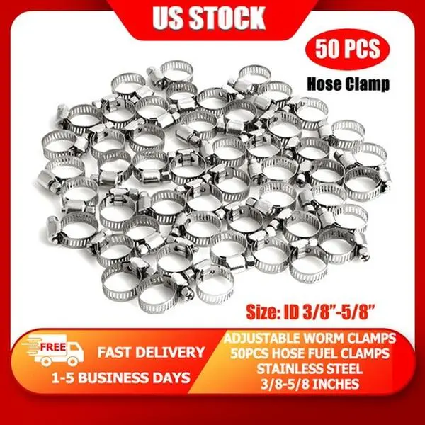 50 Stainless Steel Adjustable Worm Clamps, 3/8-5/8 in Size, 5/16 in Compatible, 7.8 in, Industrial Use, Widely Applicable for Drive Hose Fuel Lines, Hardware Tool Set, 7.8 Inches, Size 3/8-5/8"