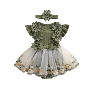 Baby Girl Bows Romper Dress Cute Flowers Embroidery Mesh Tulle Skirt Hem Onesie Bodysuit Outfit Summer Clothes