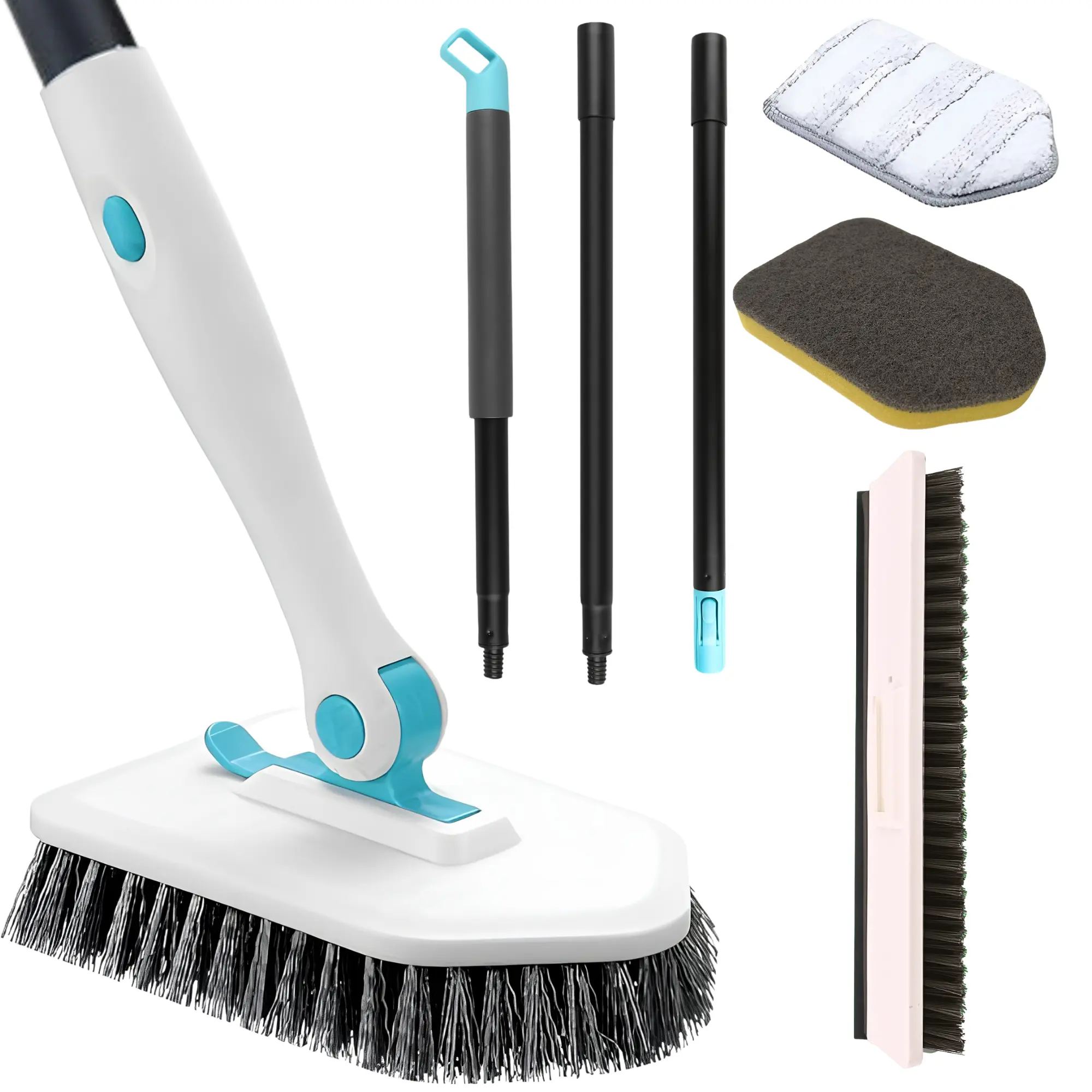 4-in-1 Scrubber Squeegee Combo Set with 56in Metal Long Handle, Stiff-Bristle Grout Brush, Scrub Sponge & Microfiber Pad for Bathroom Bathtub, Tile & Wall Cleaning multifunctional stuff