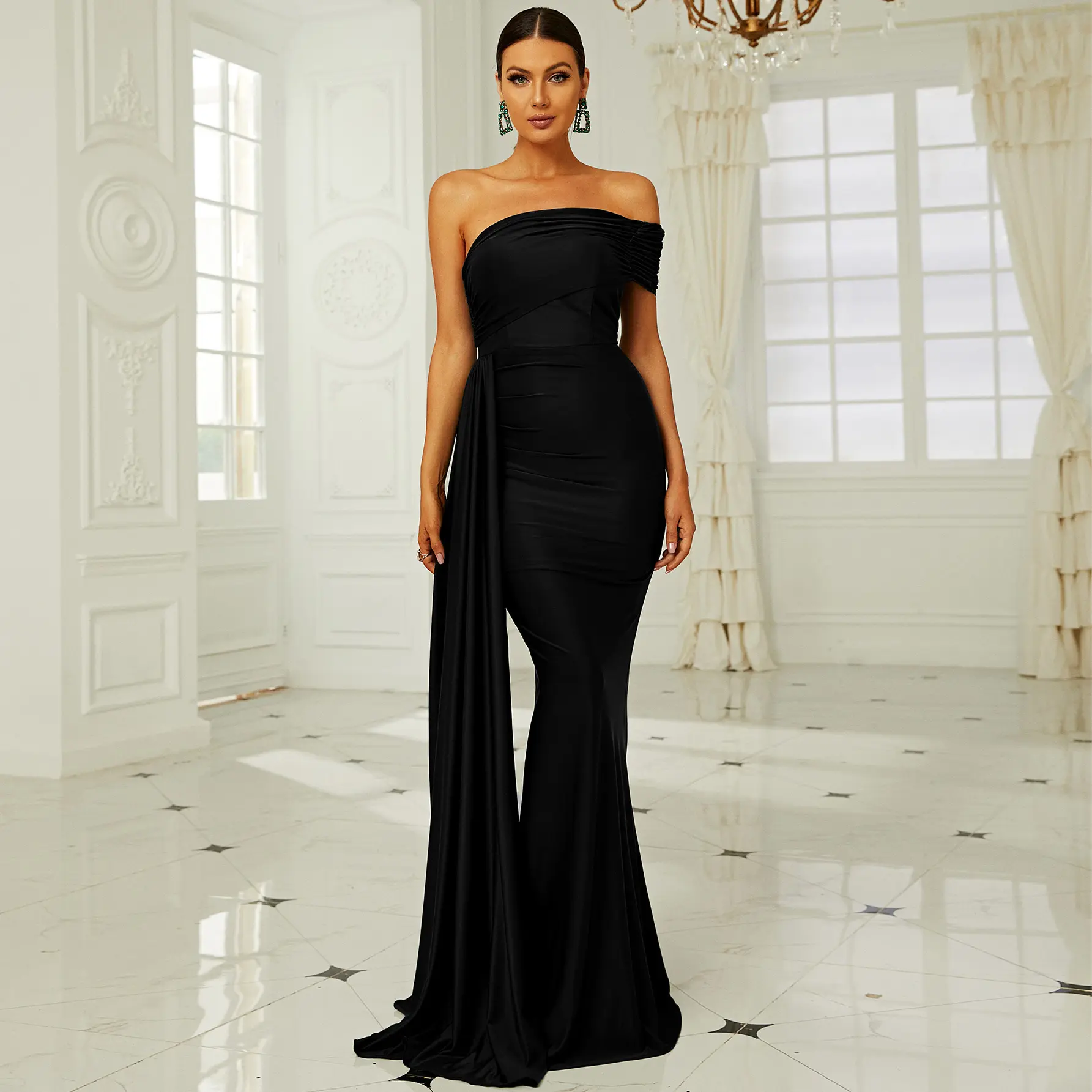 MISSORD Draping Black Dress Elegant Sophisticated Design for Formal Events Weddings Versatile Stylish Black Color Flattering Silhouette Curves Upscale Gatherings Perfect Sleek, Formal Wear, Lady, Versatile Style