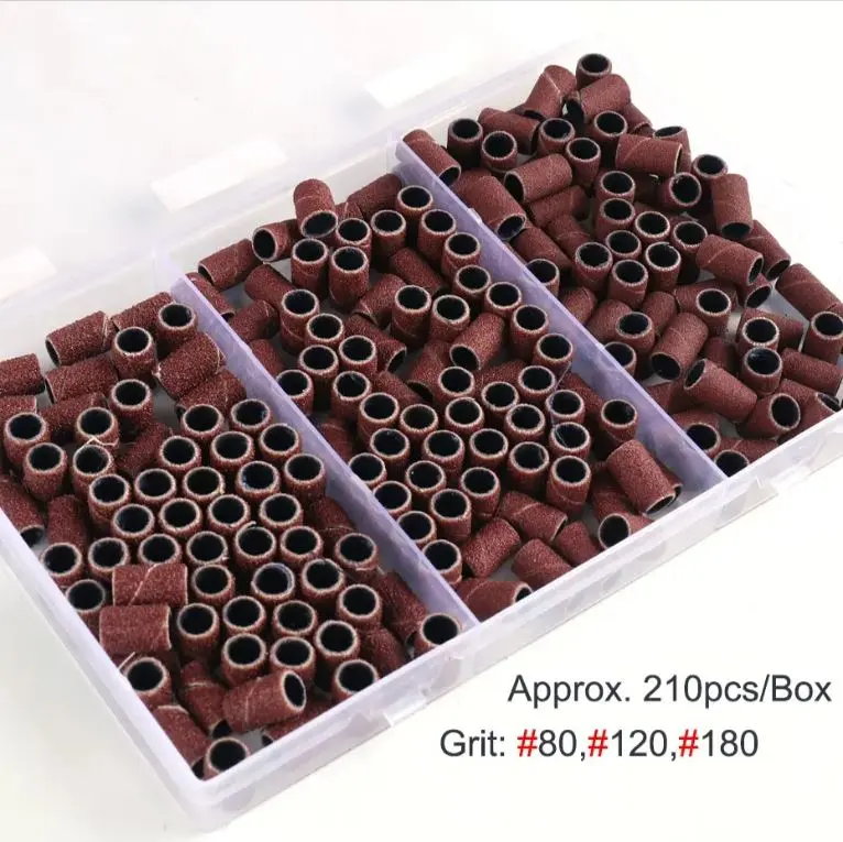 210pcs/Box Manicure Sanding Cap Bands Set - 80-120-180 Grit Nail Filing Drill Bits for Smooth Natural Nails, Home Spa Abrasive Tool, Nail Care