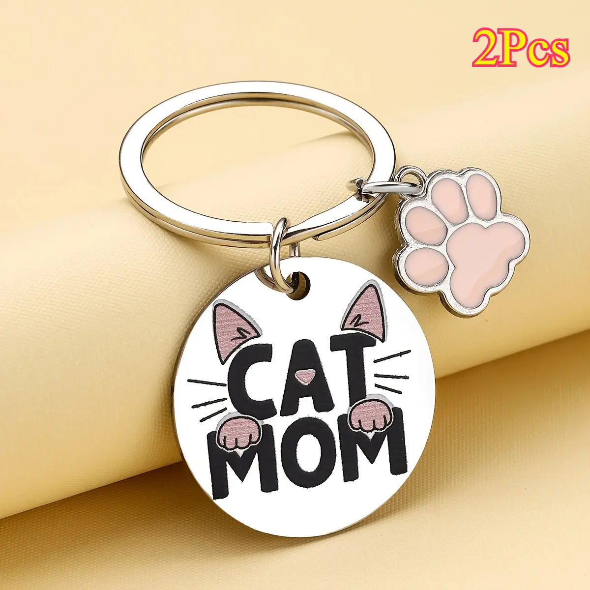 Women's 2Pcs Corrosion Resistant Stainless Steel Cat Mom Keychains - Round Alphabet Cartoon Animal Motif Cute Decorative Key Rings with Ring Buckle, Ideal for Mother's Day Gifts, Keychains For Women, Cute Keychains
