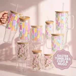 Easter 2025 Glass Tumbler with Lid & Plastic and Glass Straws, Reusable Iced Coffee Cup